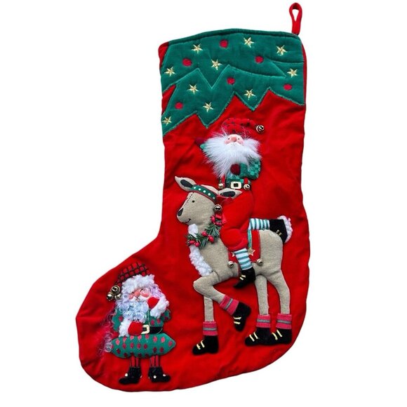 Vintage Christmas Stocking Santa Reindeer Elf Santa 3D Embroidered Rare 11"x 17" - Picture 1 of 8